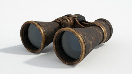 Vintage binoculars with a weathered brass and brown finish, featuring large glass lenses and a central hinge for adjustment, set against a plain white background