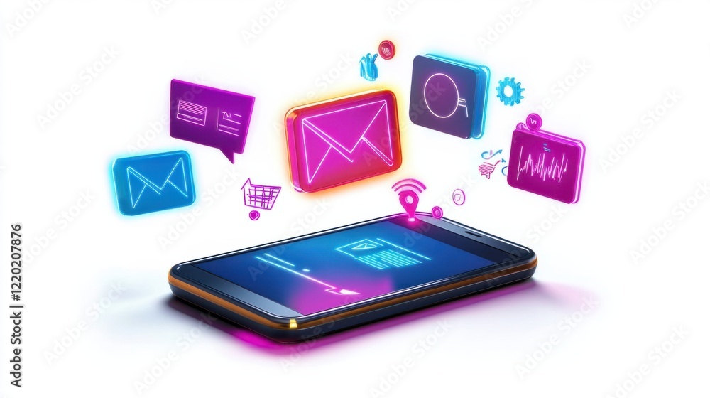 Aufkleber a futuristic 3d smartphone with a glowing email inbox surrounded by dynamic marketing icons like a b