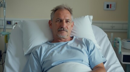Obraz premium Portrait of mature man sitting on bed in hospital ward