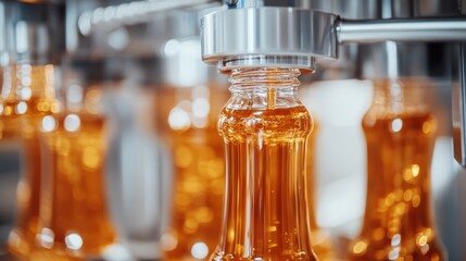 Automated Bottling of Amber Liquid in a Modern Factory Setting