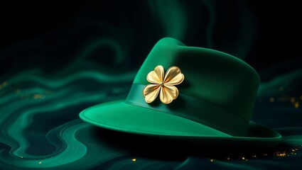An elegant luxury green velvet hat with a golden four-leaf clover brooch, resting at an angle on a dark abstract background with swirling emerald and black tones