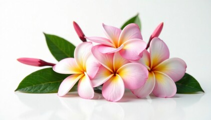 Naklejka premium Delicate plumeria flowers on white background, plumeria, flower, leaves