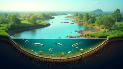 A cross-section reveals the vibrant underwater life of a tranquil river, showcasing fish, roots, and the riverbed beneath a sunny landscape.