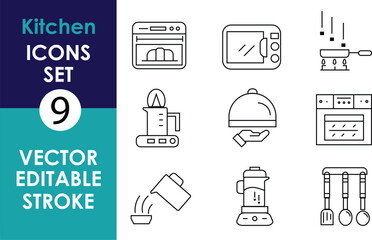 Fototapeta premium The image showcases a set of nine minimalistic kitchen icons, including an oven, microwave, stove, kettle, cloche, utensils, blender, and more