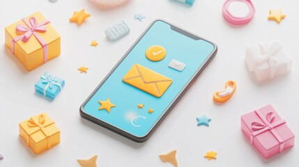 A minimalist 3D smartphone showing a digital email app surrounded by marketing symbols like stars and gift icons, on white
