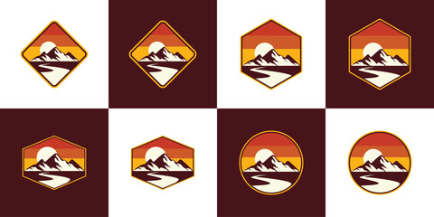 mountain vector logo , badge display , Three mountain peaks with one highest peak. Sunrise.
