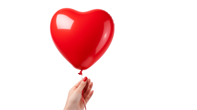 Romantic Red Heart Balloon Held by a Womans Hand isolated on transparent background