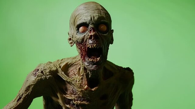 Close up of a terrifying zombie with rotting flesh, exposed teeth, and hollow eyes running awkwardly. The background is a flat green screen. 