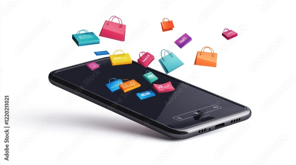Poster a modern 3d smartphone with a sleek inbox interface and floating marketing icons like shopping bags 