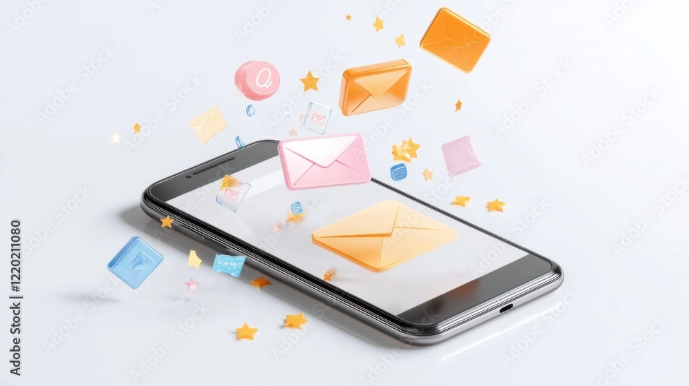Poster a shiny 3d smartphone displaying an email notification with floating marketing visuals such as disco