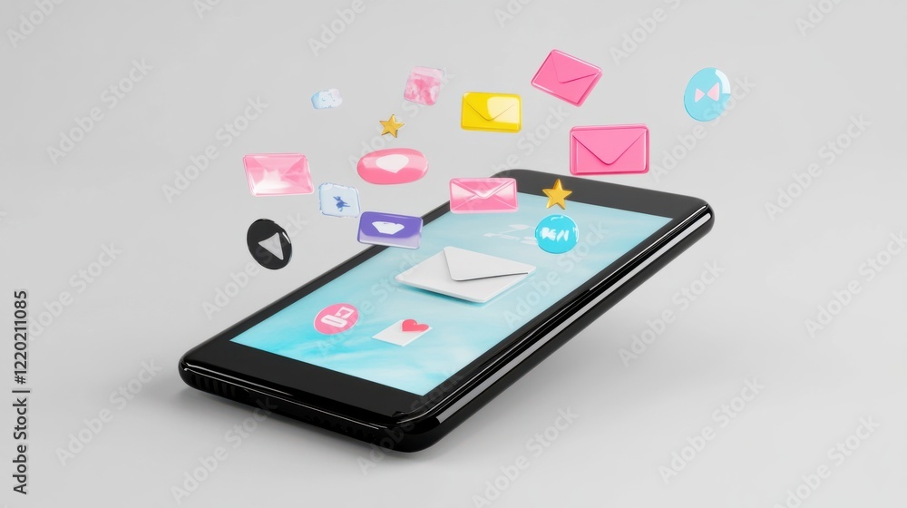 Poster a shiny 3d smartphone displaying an email notification with floating marketing visuals such as disco