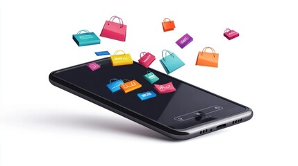 A modern 3D smartphone with a sleek inbox interface and floating marketing icons like shopping bags and discount tags, isolated on white
