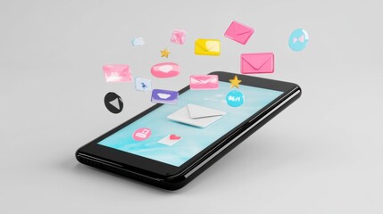 A shiny 3D smartphone displaying an email notification with floating marketing visuals such as discount tags and stars, on white