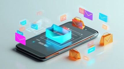 A sleek 3D smartphone showing an inbox with emails, surrounded by glowing digital marketing elements like hashtags and shopping bags, on white