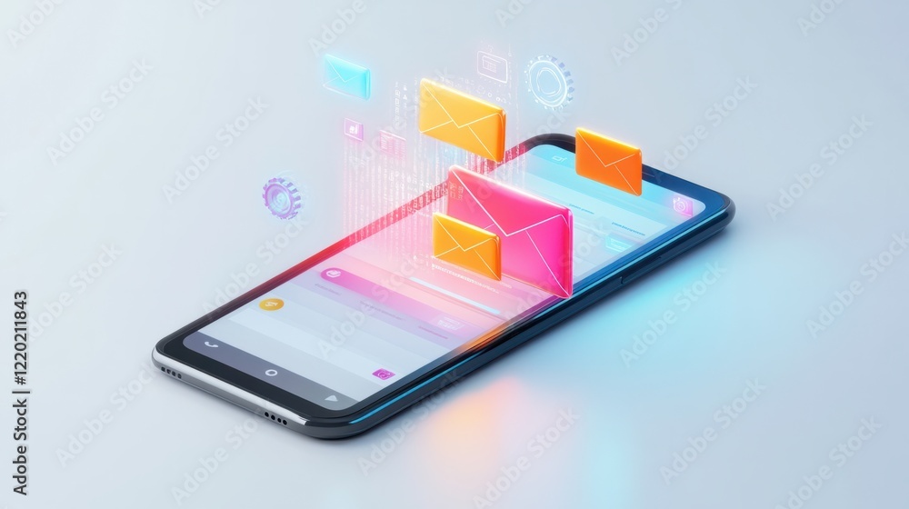Aufkleber a sleek 3d smartphone showing an open email app with glowing notification icons and marketing symbol