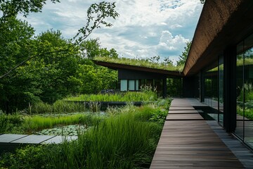 Fototapeta premium This image showcases innovative architectural designs that prioritize sustainability and blend seamlessly with environmental elements.