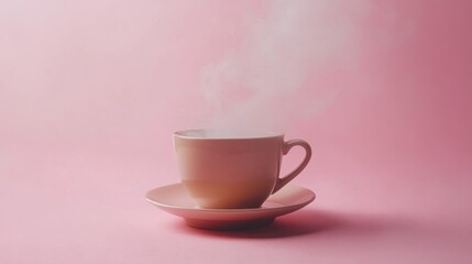 Fototapeta premium Steaming pink teacup on saucer, pink background