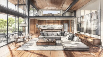 Artistic representation of a contemporary living room layout.