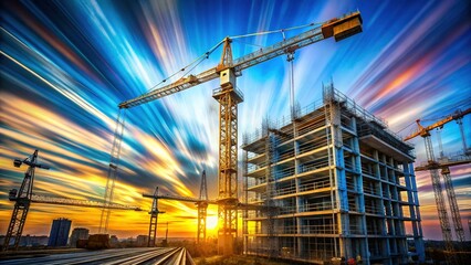 Fototapeta premium Construction Crane Lifting Materials, Blue Sky, Long Exposure Stock Photo