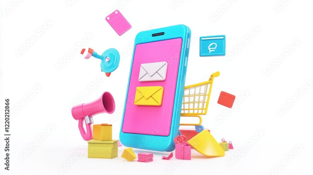 Poster a vibrant 3d smartphone with an email inbox screen and floating marketing graphics such as a megapho