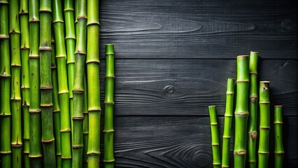 Elegant Bamboo Flat Lay: Green Stems on Black Wood Background with Copy Space
