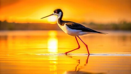 Obraz premium Elegant Black-Necked Stilt Wading in Shallow Water at Sunrise