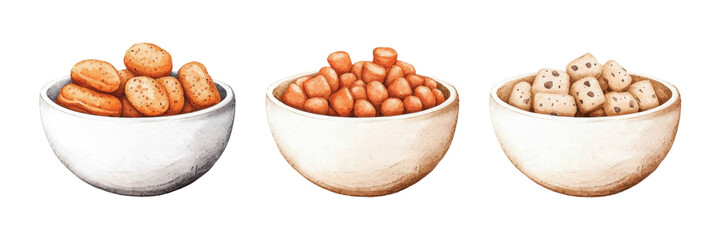 Assorted snack bowls with crunchy treats