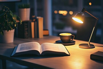 Fototapeta premium A self-transformation guide lies open on a sleek desk, accompanied by motivational decor and a coffee cup, with ambient lighting creating a conducive atmosphere for personal development.