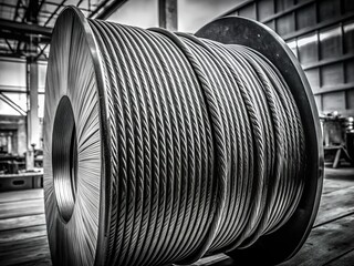 Massive Fiber Optic Cable Roll - Industrial Strength Black and White Stock Photo