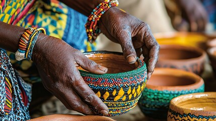 This vivid image depicts Zimbabwean artisans skillfully creating traditional pottery, intricate beadwork, and vibrant textiles, reflecting the country's rich cultural heritage.