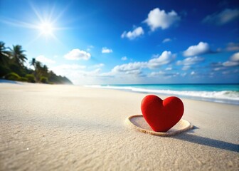 Fototapeta premium Romantic Red Heart on Pristine White Sand Beach - Summer Vacation Love Concept