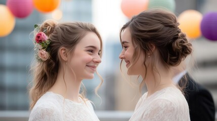 Naklejka premium fokasuart An LGBTQ couple exchanging vows on a rooftop under ra e54d2413-da55-4df8-b48b-4aee23549c47