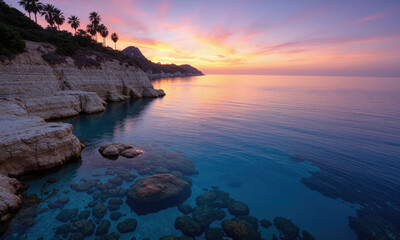 Scenic Cliffside View Overlooking Crystal Clear Waters at Sunset A breathtaking cliffside view at sunset, with crystal-clear water below and the sky transitioning
