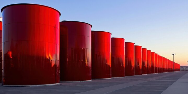 As the sun sets, the colors of the silos intensify in the evening light.