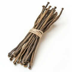 Dried plant stems tied with twine, white background; herbal remedy, natural medicine