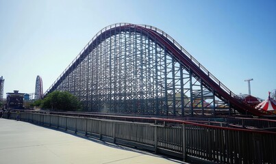 Obraz premium Massive wooden roller coaster, sunny day.