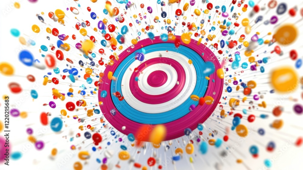 Poster a dynamic 3d target surrounded by a vibrant swirl of audience icons being visually pulled into the b