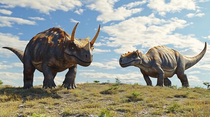 Fototapeta premium Prehistoric Giants: Two Pachycephalosaurus Roaming a Sunny Landscape