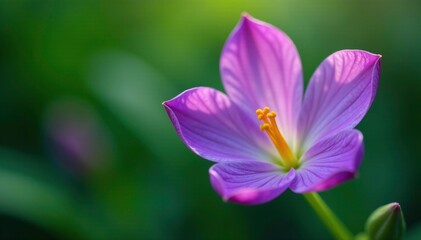 Obraz premium Delicate purple flower petals unfurl on a lush green stem, stamen, pistil