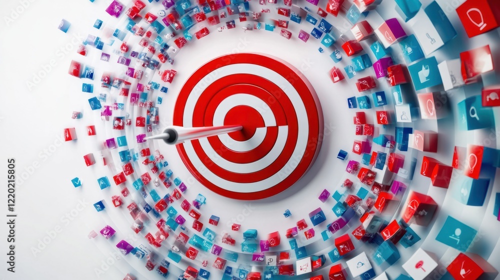 Poster a dynamic 3d target surrounded by a vibrant swirl of audience icons being visually pulled into the b