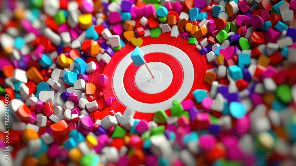 Poster a dynamic 3d target surrounded by a vibrant swirl of audience icons being visually pulled into the b