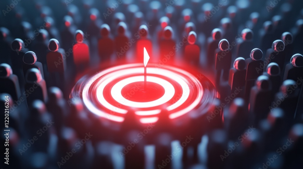Poster a dynamic target surrounded by holographic audience figures being visually drawn into its glowing re