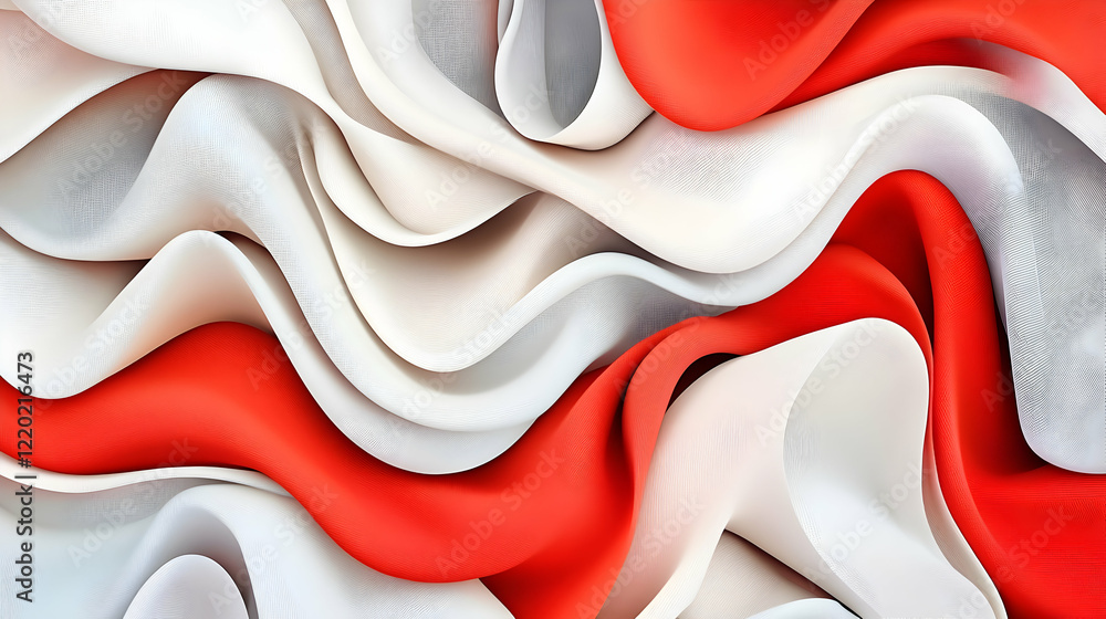 Poster abstract red and white wave patterns, flowing fabric texture background, ideal for website design