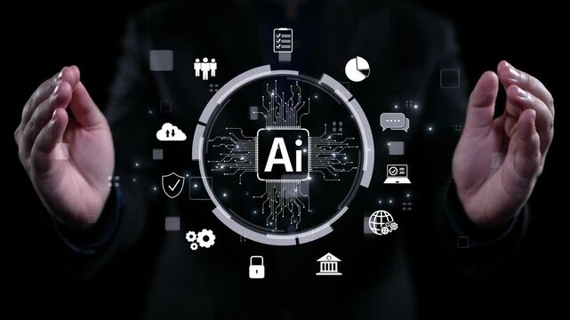 Human interact with AI artificial intelligence brain processor in concept of AI artificial intelligence engineering, big data and AI machine learning to use generative AI for business support. UUID