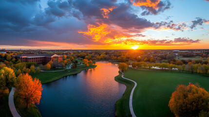 Aerial view of autumnal campus lake at sunset, vibrant colors reflecting on water, path winds through park. Ideal for education, travel brochures