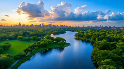 Aerial view of Central Park lake at sunset, Manhattan skyline backdrop, peaceful nature scene, ideal for travel brochures