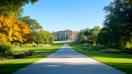 Autumn campus pathway leads to grand building; sunny day, trees; education, travel brochure