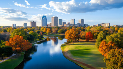 Obraz premium Autumn city skyline reflected in park lake; fall foliage, golf course. Use Travel brochure