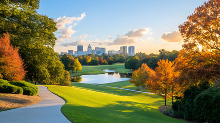 Obraz premium Autumn city skyline view from park; scenic golf course with pond, fall foliage; ideal for travel brochures