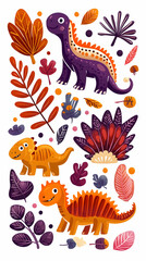 Autumn dinosaurs foliage illustration, perfect for kids' book, textile print, or card design